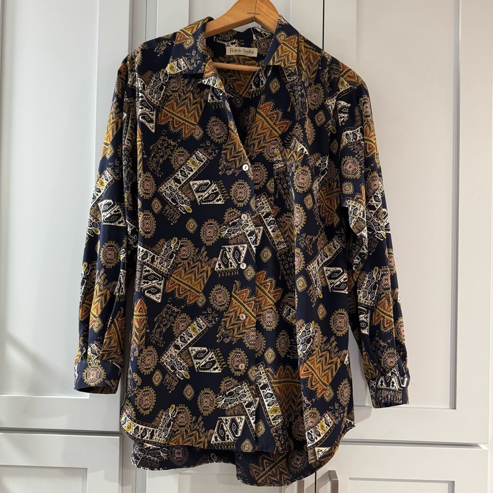 Frank‎ Stella Vintage Shirt 70s Tapestry Print Flowy Loose Fit Navy Mustard